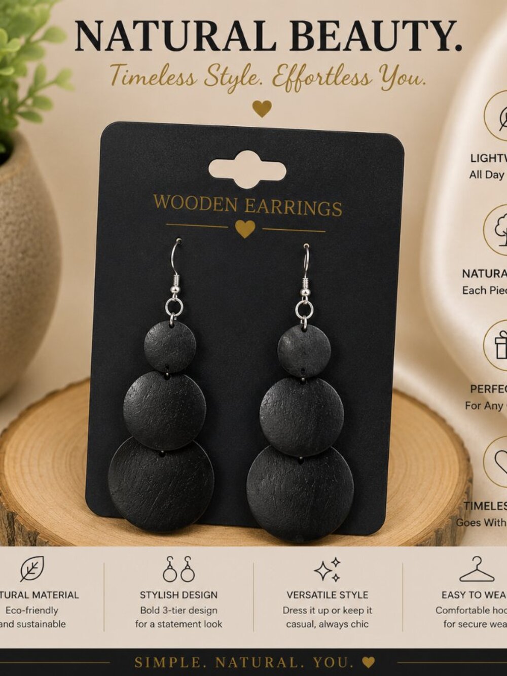 🖤 Black Triple Disc Statement Earrings | Lightweight Wooden Earrings |